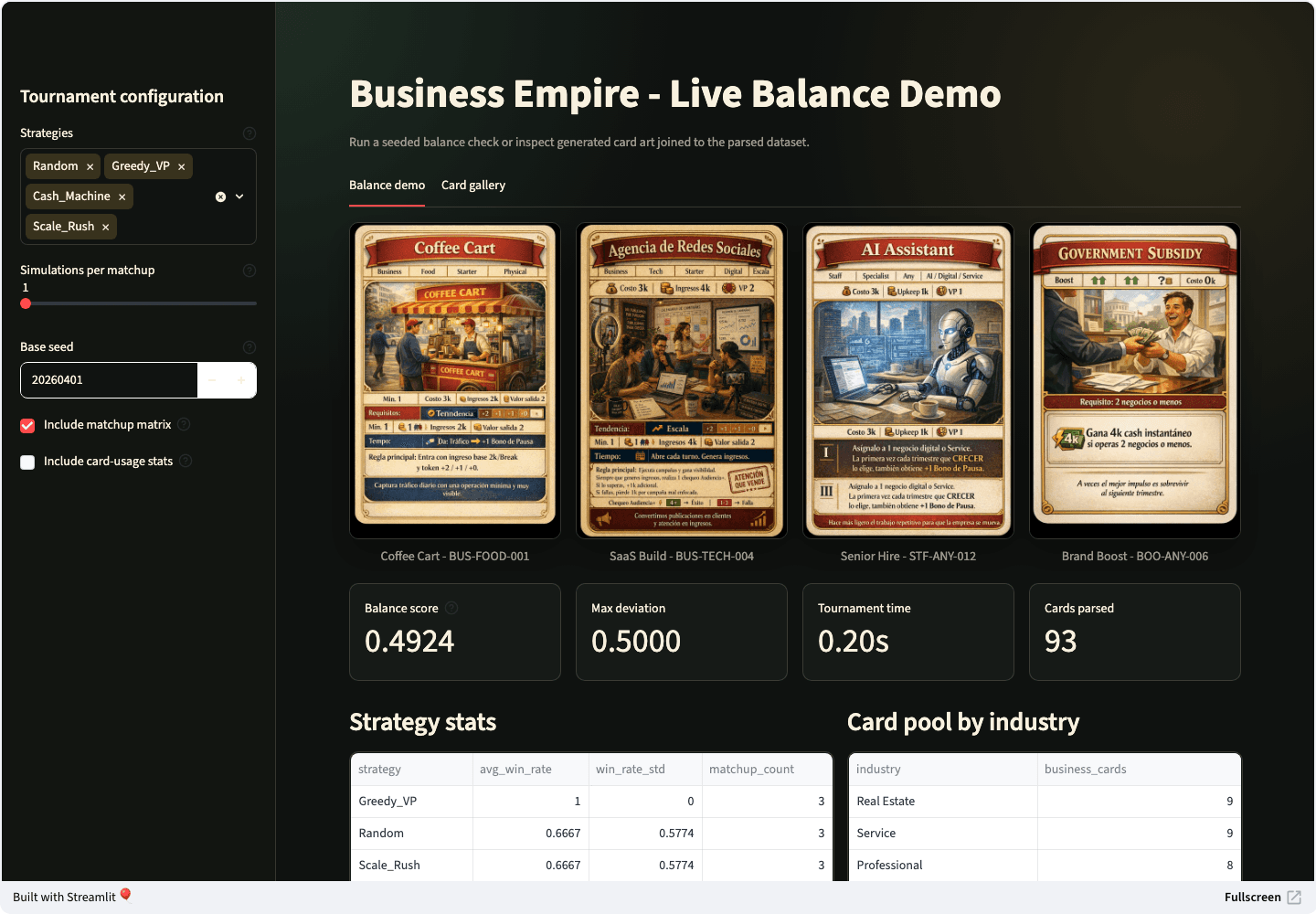 Business Empire Streamlit balance demo with strategy controls, card previews, and simulation stats