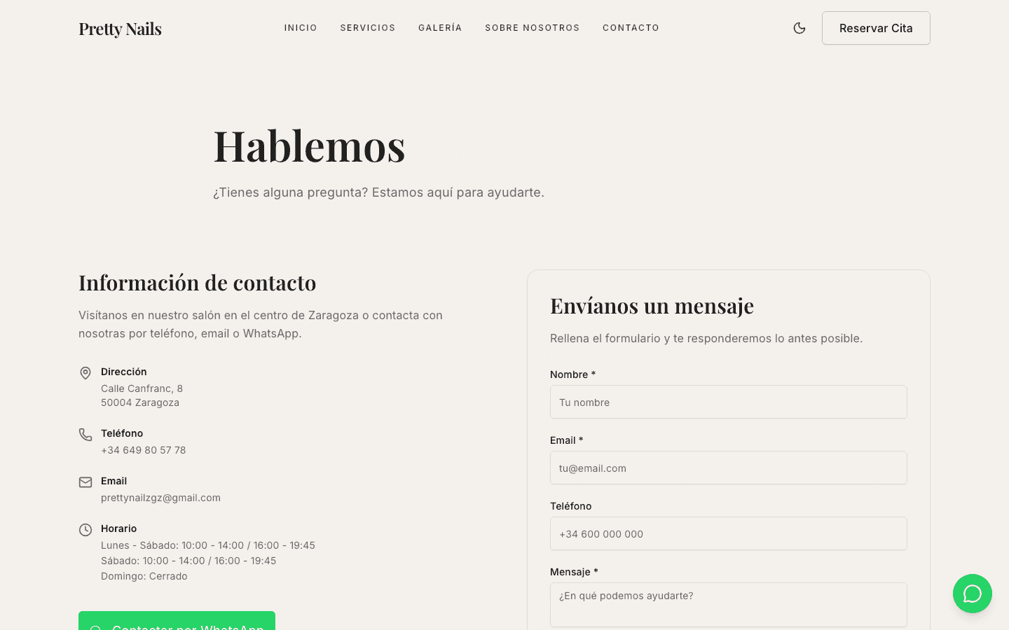 Pretty Nails Zaragoza contact and lead form page