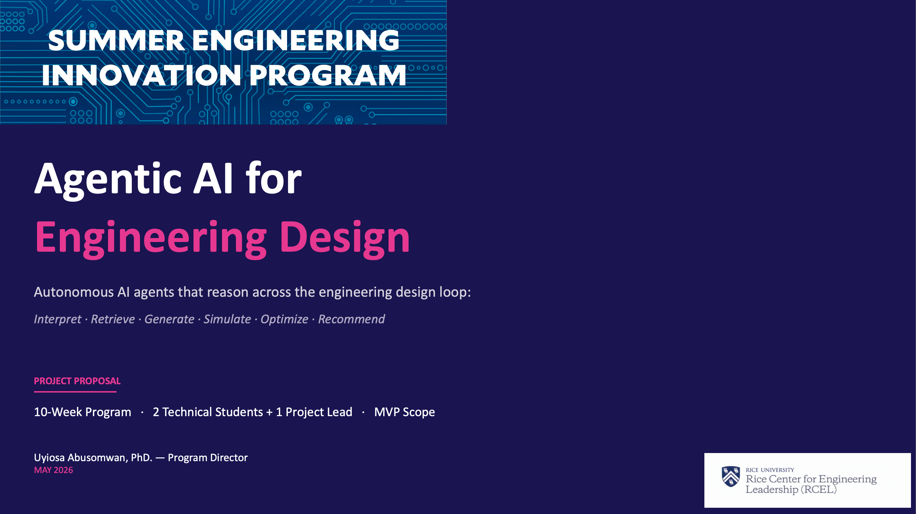 SEIP project proposal slide for agentic AI in engineering design